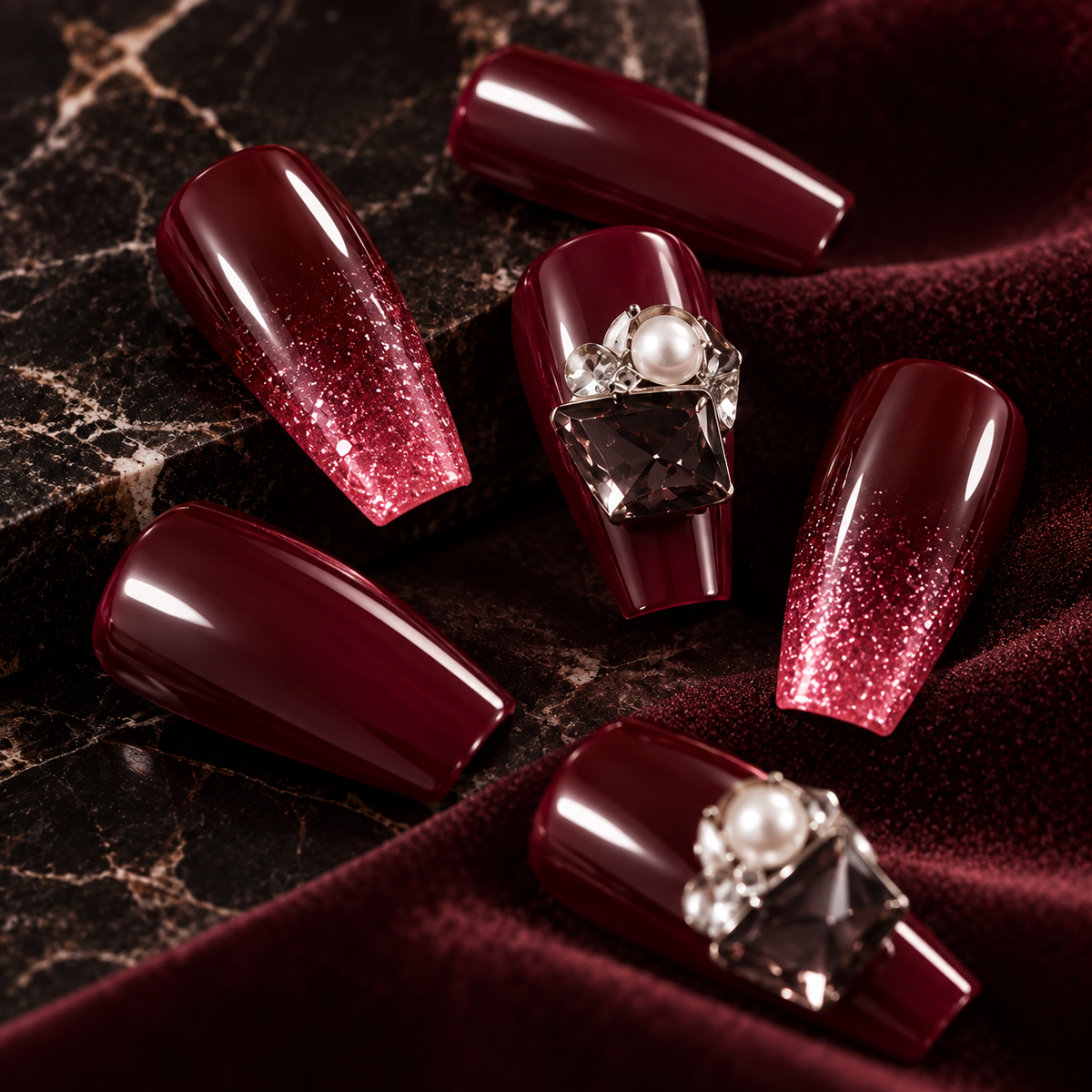 MaisonTips Press On Nails for Women, Burgundy Long Coffin Fake Nails, Glitter Gradient Pearl Rhinestone Artificial Nails, Reusable Full Cover Nail Set for Party Wedding Date Night