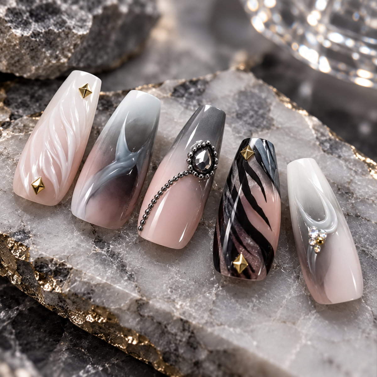 MaisonTips Smoky Marble Press On Nails for Women, Long Coffin Fake Nails with Zebra Stripes, Black Crystal Chain & Gold Stud Accents, Reusable Luxury Full Cover Artificial Nail Set