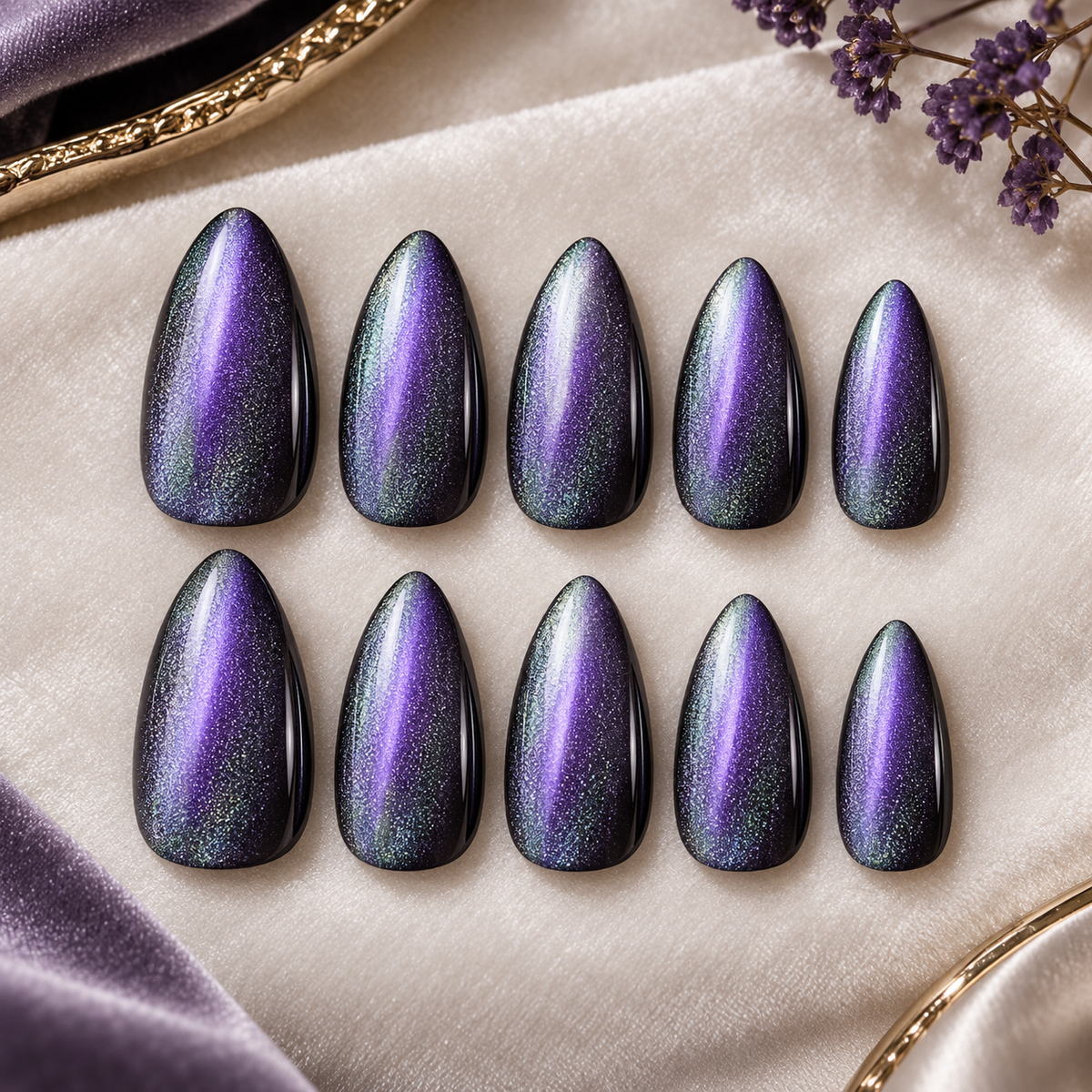 MaisonTips Purple Galaxy Cat Eye Press On Nails for Women, Shimmering Blue Violet Almond Fake Nails, High Gloss Cosmic Gradient Artificial Nails for Party, Night Out & Everyday Glam