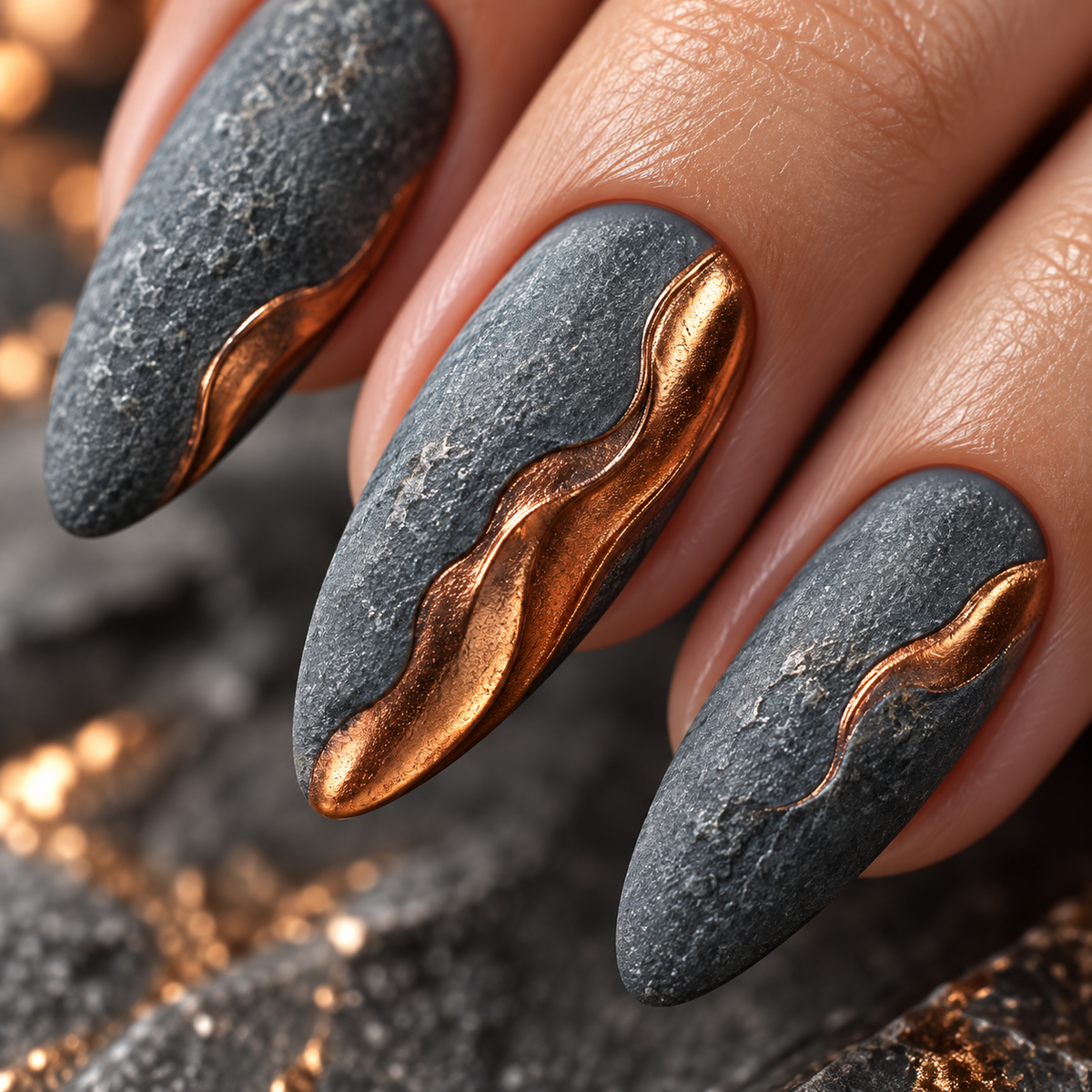 MaisonTips Reusable Press On Nails for Women, Grey Matte Almond Nails with Rose Gold Swirl, Glossy Glue On Nails