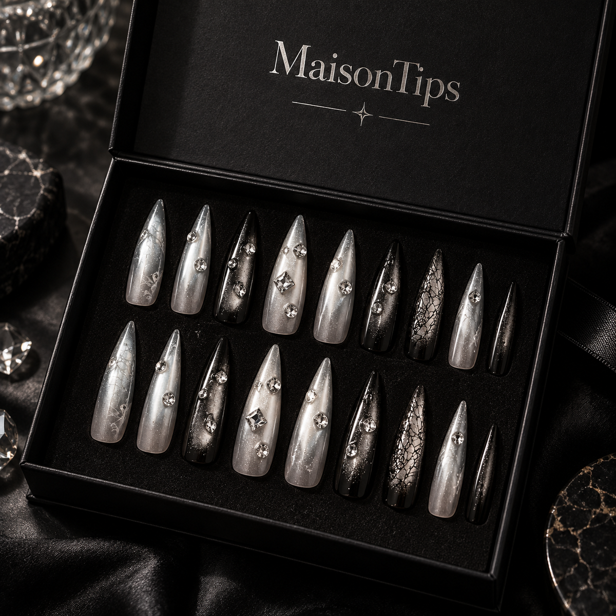 MaisonTips Press On Nails for Women, Black Silver Long Stiletto Fake Nails, Rhinestone Metallic Full Cover Artificial Nails, Reusable Luxury Nail Set for Party Wedding Date Night