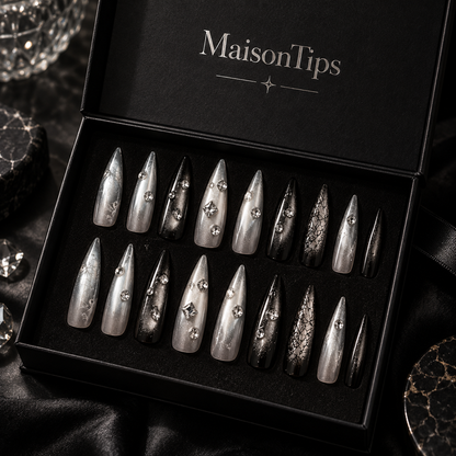 MaisonTips Press On Nails for Women, Black Silver Long Stiletto Fake Nails, Rhinestone Metallic Full Cover Artificial Nails, Reusable Luxury Nail Set for Party Wedding Date Night