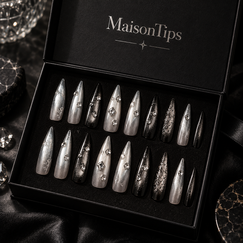 MaisonTips Press On Nails for Women, Black Silver Long Stiletto Fake Nails, Rhinestone Metallic Full Cover Artificial Nails, Reusable Luxury Nail Set for Party Wedding Date Night