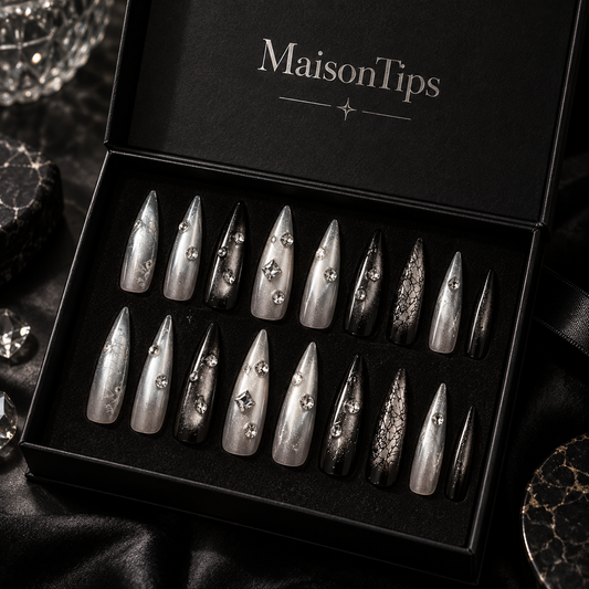 MaisonTips Press On Nails for Women, Black Silver Long Stiletto Fake Nails, Rhinestone Metallic Full Cover Artificial Nails, Reusable Luxury Nail Set for Party Wedding Date Night