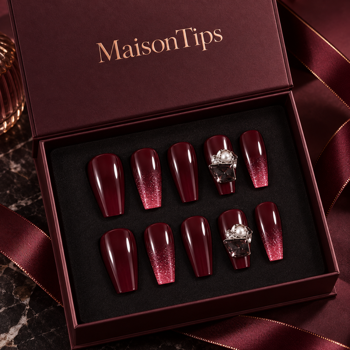 MaisonTips Press On Nails for Women, Burgundy Long Coffin Fake Nails, Glitter Gradient Pearl Rhinestone Artificial Nails, Reusable Full Cover Nail Set for Party Wedding Date Night