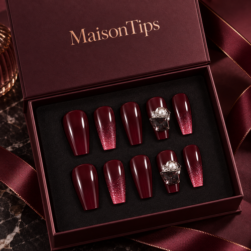 MaisonTips Press On Nails for Women, Burgundy Long Coffin Fake Nails, Glitter Gradient Pearl Rhinestone Artificial Nails, Reusable Full Cover Nail Set for Party Wedding Date Night