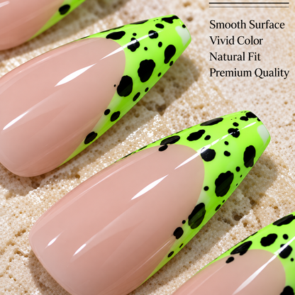 MaisonTips Neon Green French Tip Press On Nails for Women, Nude Pink Coffin Fake Nails with Black Spotted Design, Glossy Long Square Artificial Nails for Party, Vacation & Everyday Style