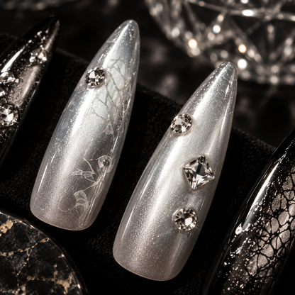 MaisonTips Press On Nails for Women, Black Silver Long Stiletto Fake Nails, Rhinestone Metallic Full Cover Artificial Nails, Reusable Luxury Nail Set for Party Wedding Date Night