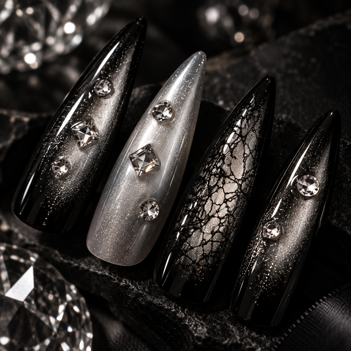 MaisonTips Press On Nails for Women, Black Silver Long Stiletto Fake Nails, Rhinestone Metallic Full Cover Artificial Nails, Reusable Luxury Nail Set for Party Wedding Date Night