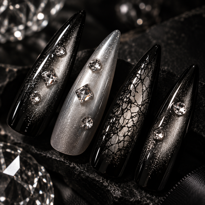 MaisonTips Press On Nails for Women, Black Silver Long Stiletto Fake Nails, Rhinestone Metallic Full Cover Artificial Nails, Reusable Luxury Nail Set for Party Wedding Date Night