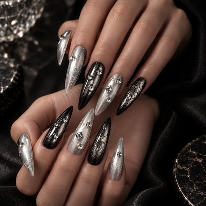 MaisonTips Press On Nails for Women, Black Silver Long Stiletto Fake Nails, Rhinestone Metallic Full Cover Artificial Nails, Reusable Luxury Nail Set for Party Wedding Date Night