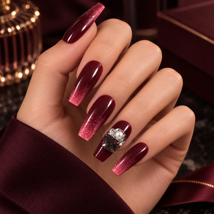 MaisonTips Press On Nails for Women, Burgundy Long Coffin Fake Nails, Glitter Gradient Pearl Rhinestone Artificial Nails, Reusable Full Cover Nail Set for Party Wedding Date Night