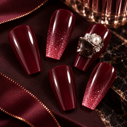 MaisonTips Press On Nails for Women, Burgundy Long Coffin Fake Nails, Glitter Gradient Pearl Rhinestone Artificial Nails, Reusable Full Cover Nail Set for Party Wedding Date Night