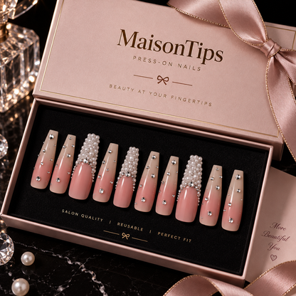 MaisonTips Pearl Glam Press On Nails for Women, Nude Pink Coffin Fake Nails with Rhinestones, Beaded Accent Nails and Glossy Full Cover Finish