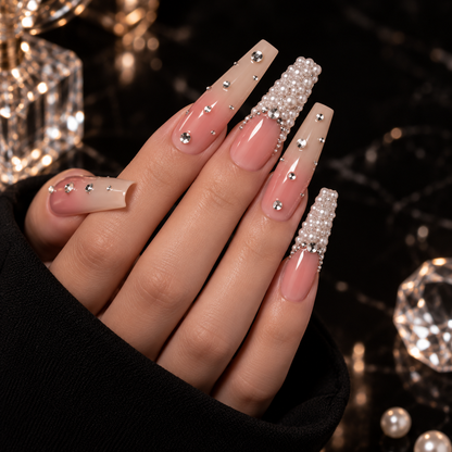 MaisonTips Pearl Glam Press On Nails for Women, Nude Pink Coffin Fake Nails with Rhinestones, Beaded Accent Nails and Glossy Full Cover Finish