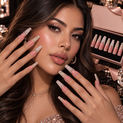 MaisonTips Pearl Glam Press On Nails for Women, Nude Pink Coffin Fake Nails with Rhinestones, Beaded Accent Nails and Glossy Full Cover Finish