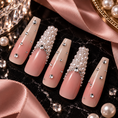 MaisonTips Pearl Glam Press On Nails for Women, Nude Pink Coffin Fake Nails with Rhinestones, Beaded Accent Nails and Glossy Full Cover Finish