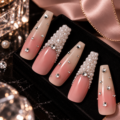 MaisonTips Pearl Glam Press On Nails for Women, Nude Pink Coffin Fake Nails with Rhinestones, Beaded Accent Nails and Glossy Full Cover Finish