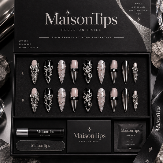 MaisonTips Black Crystal Press On Nails, Long Stiletto Fake Nails with Silver Bow Rhinestones and Metallic Tips, Reusable Luxury Nail Set for Women