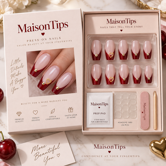 MaisonTips Red Heart French Press On Nails for Women, Nude Pink Square Fake Nails with Gold Stud & Heart Accent, Elegant Reusable Full Cover Nail Set for Date Night, Party & Valentine’s Day