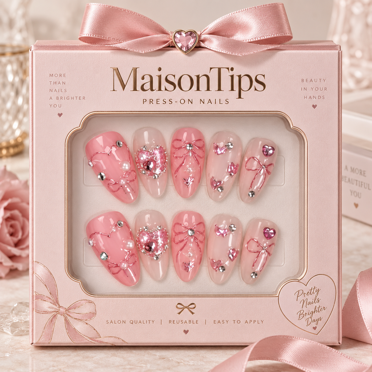 MaisonTips Pink Crystal Press On Nails for Women, Cute Almond Fake Nails with Heart Gems, Bows & Pearls, Reusable Full Cover Nail Set