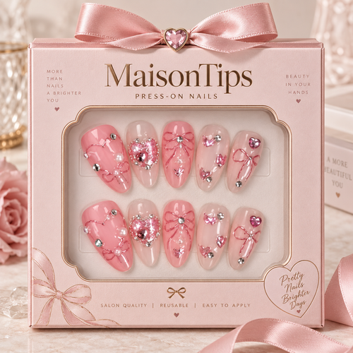MaisonTips Pink Crystal Press On Nails for Women, Cute Almond Fake Nails with Heart Gems, Bows & Pearls, Reusable Full Cover Nail Set