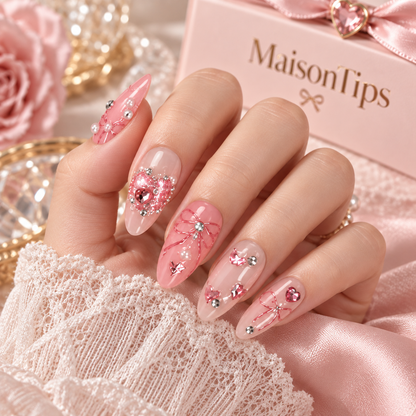 MaisonTips Pink Crystal Press On Nails for Women, Cute Almond Fake Nails with Heart Gems, Bows & Pearls, Reusable Full Cover Nail Set