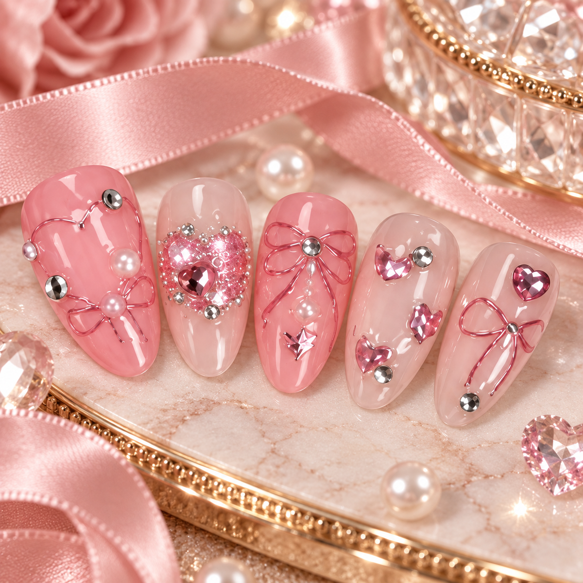MaisonTips Pink Crystal Press On Nails for Women, Cute Almond Fake Nails with Heart Gems, Bows & Pearls, Reusable Full Cover Nail Set