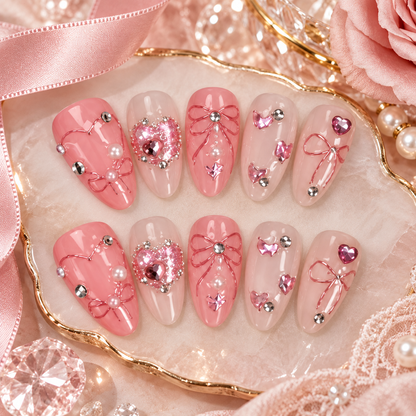 MaisonTips Pink Crystal Press On Nails for Women, Cute Almond Fake Nails with Heart Gems, Bows & Pearls, Reusable Full Cover Nail Set