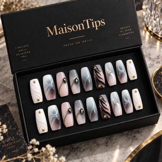 MaisonTips Smoky Marble Press On Nails for Women, Long Coffin Fake Nails with Zebra Stripes, Black Crystal Chain & Gold Stud Accents, Reusable Luxury Full Cover Artificial Nail Set
