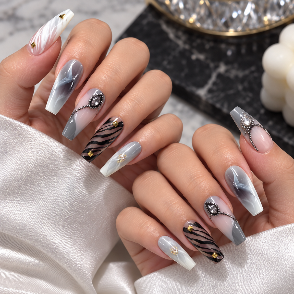 MaisonTips Smoky Marble Press On Nails for Women, Long Coffin Fake Nails with Zebra Stripes, Black Crystal Chain & Gold Stud Accents, Reusable Luxury Full Cover Artificial Nail Set