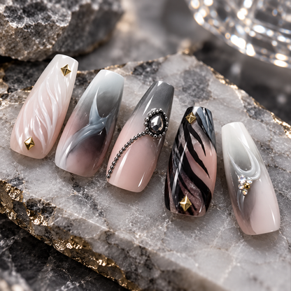 MaisonTips Smoky Marble Press On Nails for Women, Long Coffin Fake Nails with Zebra Stripes, Black Crystal Chain & Gold Stud Accents, Reusable Luxury Full Cover Artificial Nail Set