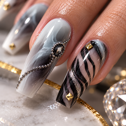 MaisonTips Smoky Marble Press On Nails for Women, Long Coffin Fake Nails with Zebra Stripes, Black Crystal Chain & Gold Stud Accents, Reusable Luxury Full Cover Artificial Nail Set