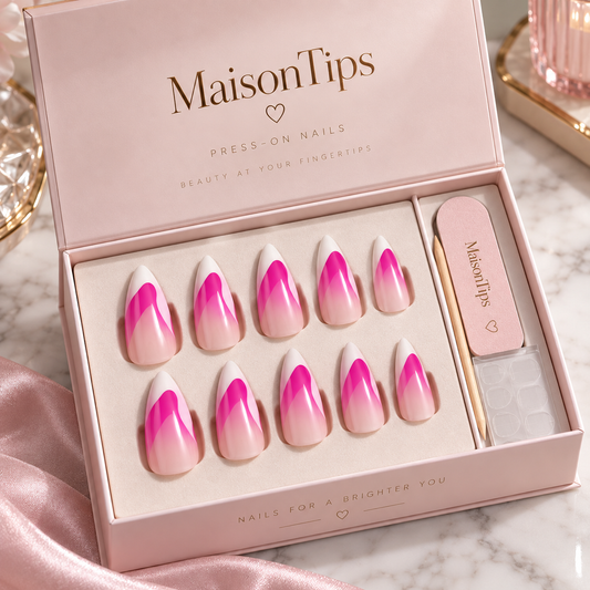 MaisonTips Glossy Pink Almond Press On Nails for Women, Nude Pink Gradient Fake Nails with Bright Fuchsia French Detail, Chic Artificial Nail Set for Date Night, Party & Wedding