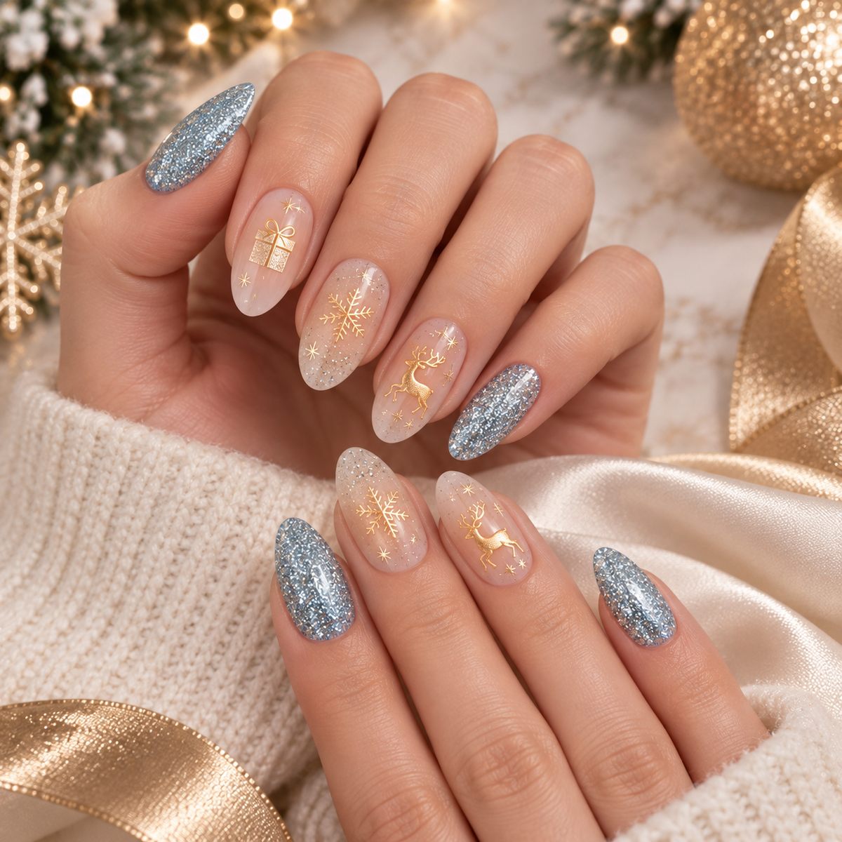 MaisonTips Christmas Press On Nails for Women, Silver Glitter Almond Fake Nails with Gold Reindeer Snowflake Gift Design, Nude Pink Holiday Artificial Nails for Winter Parties, Christmas & New Year