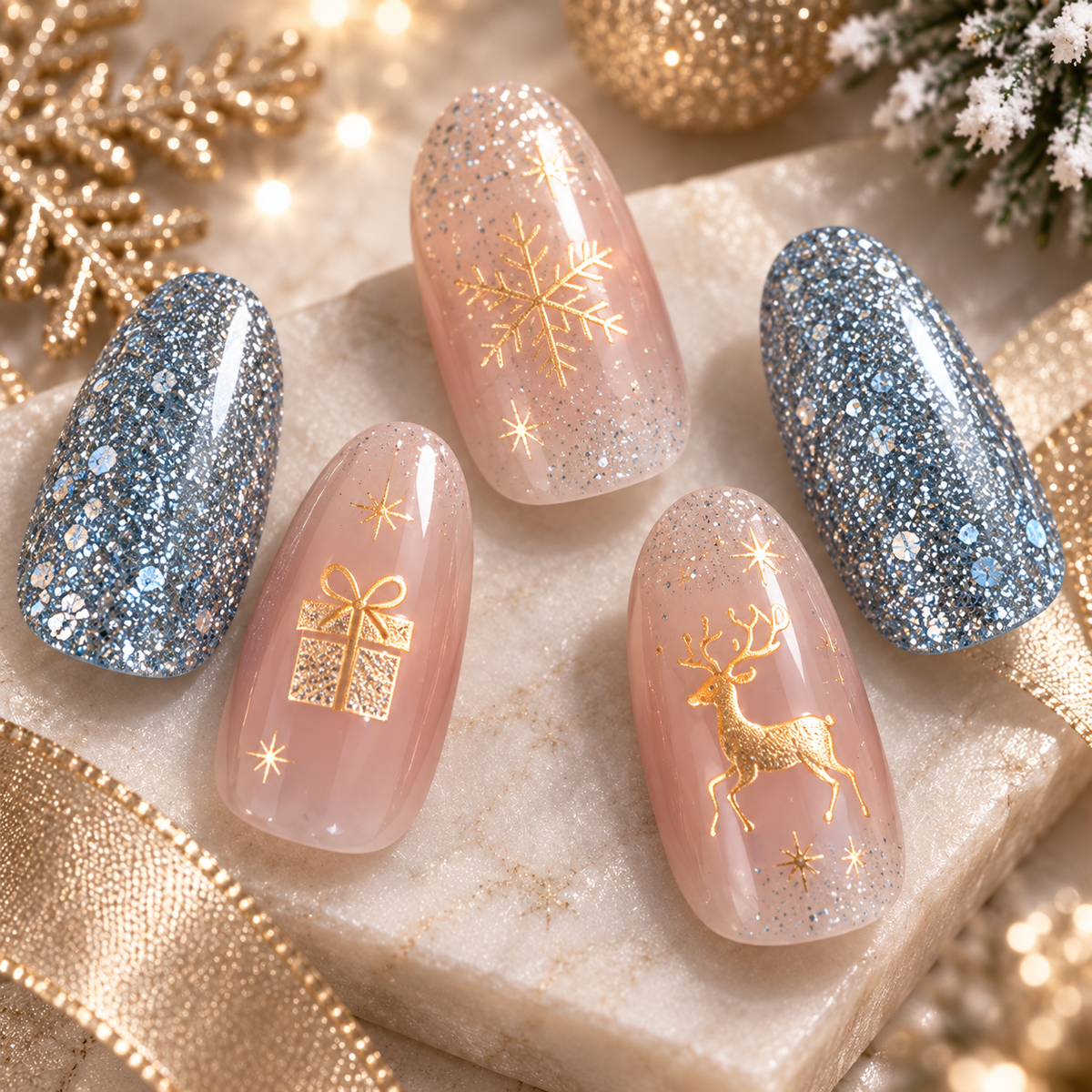 MaisonTips Christmas Press On Nails for Women, Silver Glitter Almond Fake Nails with Gold Reindeer Snowflake Gift Design, Nude Pink Holiday Artificial Nails for Winter Parties, Christmas & New Year