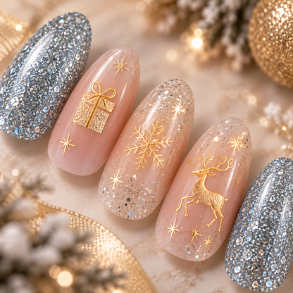 MaisonTips Christmas Press On Nails for Women, Silver Glitter Almond Fake Nails with Gold Reindeer Snowflake Gift Design, Nude Pink Holiday Artificial Nails for Winter Parties, Christmas & New Year