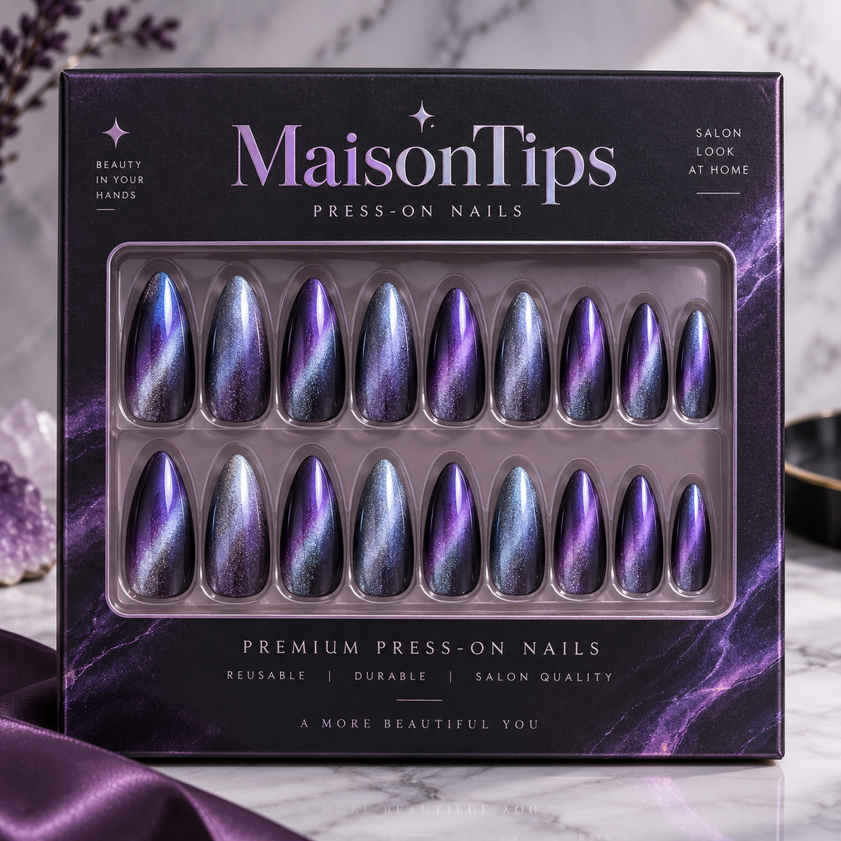 MaisonTips Purple Galaxy Cat Eye Press On Nails for Women, Shimmering Blue Violet Almond Fake Nails, High Gloss Cosmic Gradient Artificial Nails for Party, Night Out & Everyday Glam