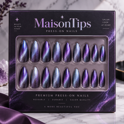 MaisonTips Purple Galaxy Cat Eye Press On Nails for Women, Shimmering Blue Violet Almond Fake Nails, High Gloss Cosmic Gradient Artificial Nails for Party, Night Out & Everyday Glam