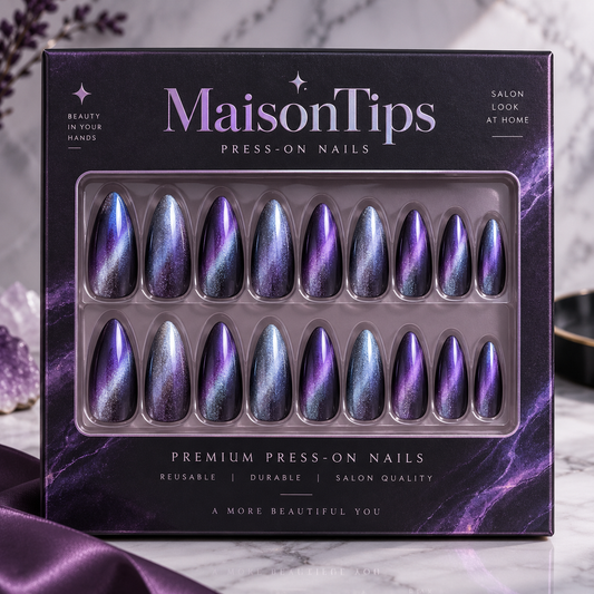 MaisonTips Purple Galaxy Cat Eye Press On Nails for Women, Shimmering Blue Violet Almond Fake Nails, High Gloss Cosmic Gradient Artificial Nails for Party, Night Out & Everyday Glam