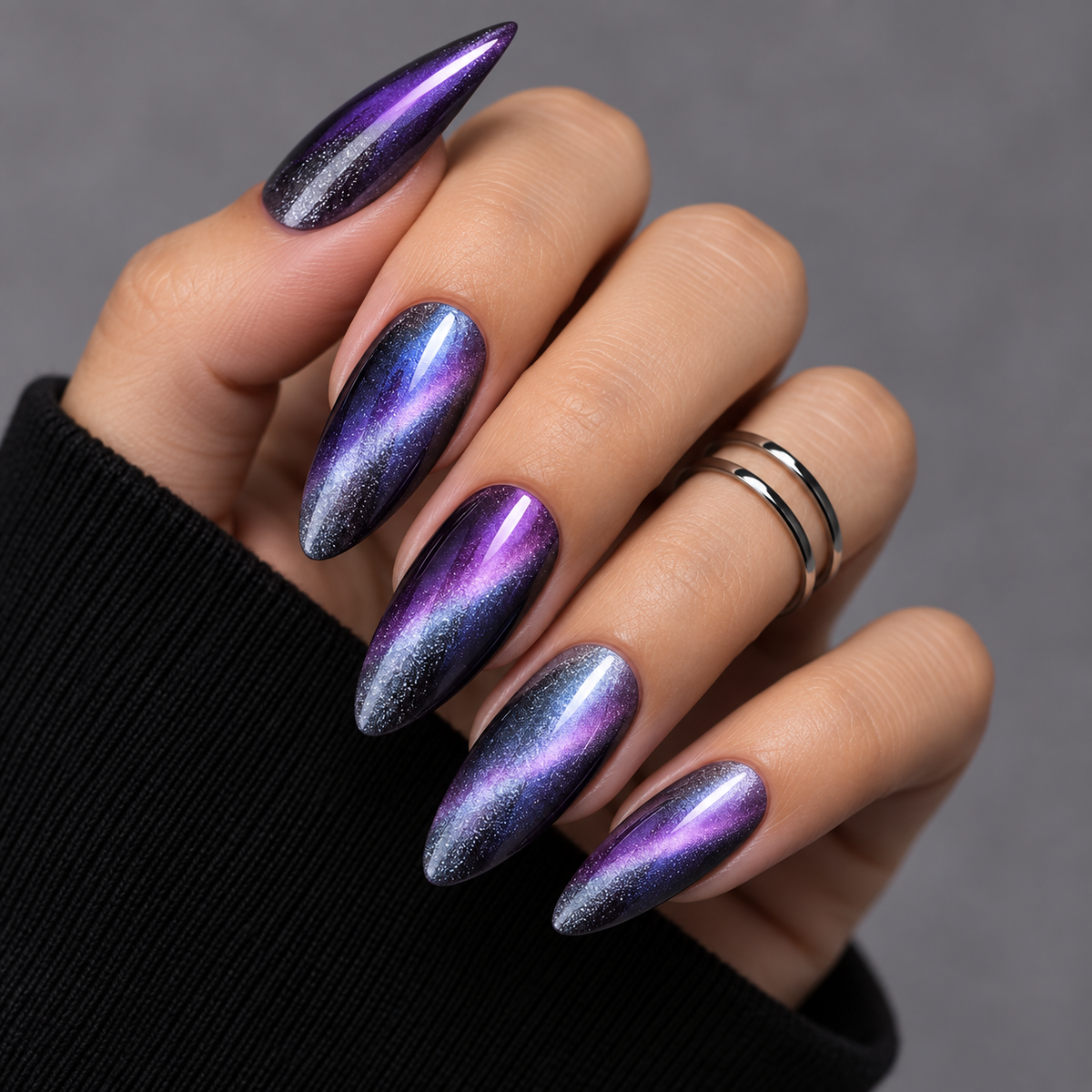 MaisonTips Purple Galaxy Cat Eye Press On Nails for Women, Shimmering Blue Violet Almond Fake Nails, High Gloss Cosmic Gradient Artificial Nails for Party, Night Out & Everyday Glam