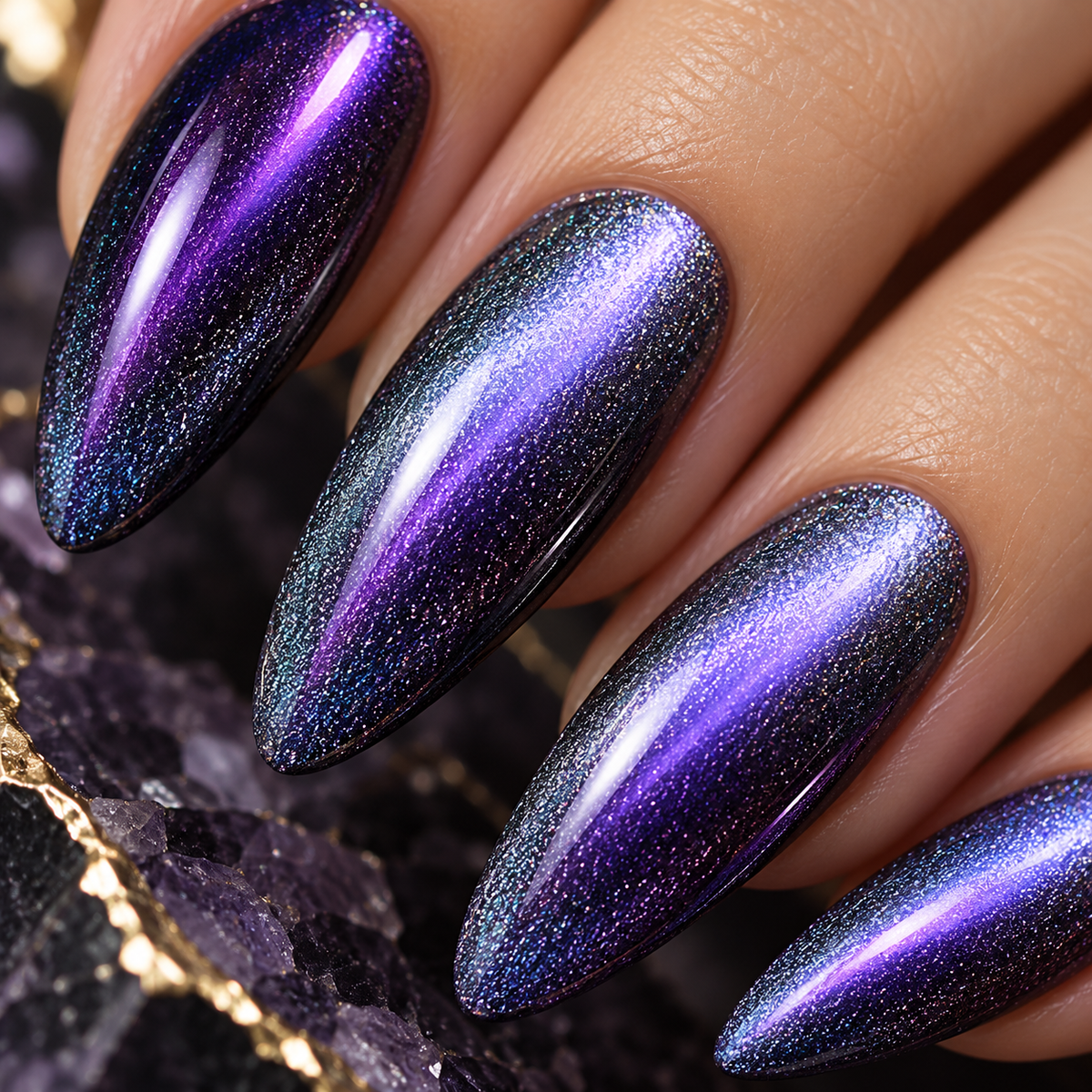 MaisonTips Purple Galaxy Cat Eye Press On Nails for Women, Shimmering Blue Violet Almond Fake Nails, High Gloss Cosmic Gradient Artificial Nails for Party, Night Out & Everyday Glam