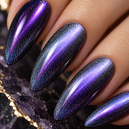 MaisonTips Purple Galaxy Cat Eye Press On Nails for Women, Shimmering Blue Violet Almond Fake Nails, High Gloss Cosmic Gradient Artificial Nails for Party, Night Out & Everyday Glam