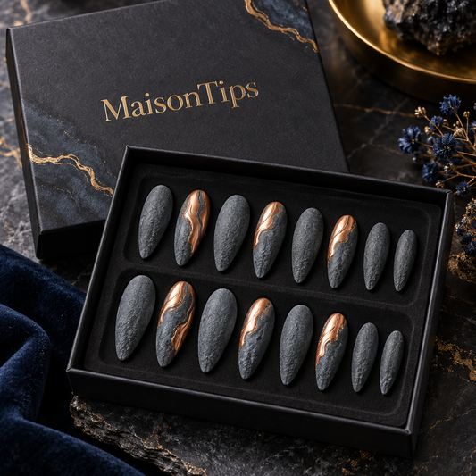 MaisonTips Reusable Press On Nails for Women, Grey Matte Almond Nails with Rose Gold Swirl, Glossy Glue On Nails