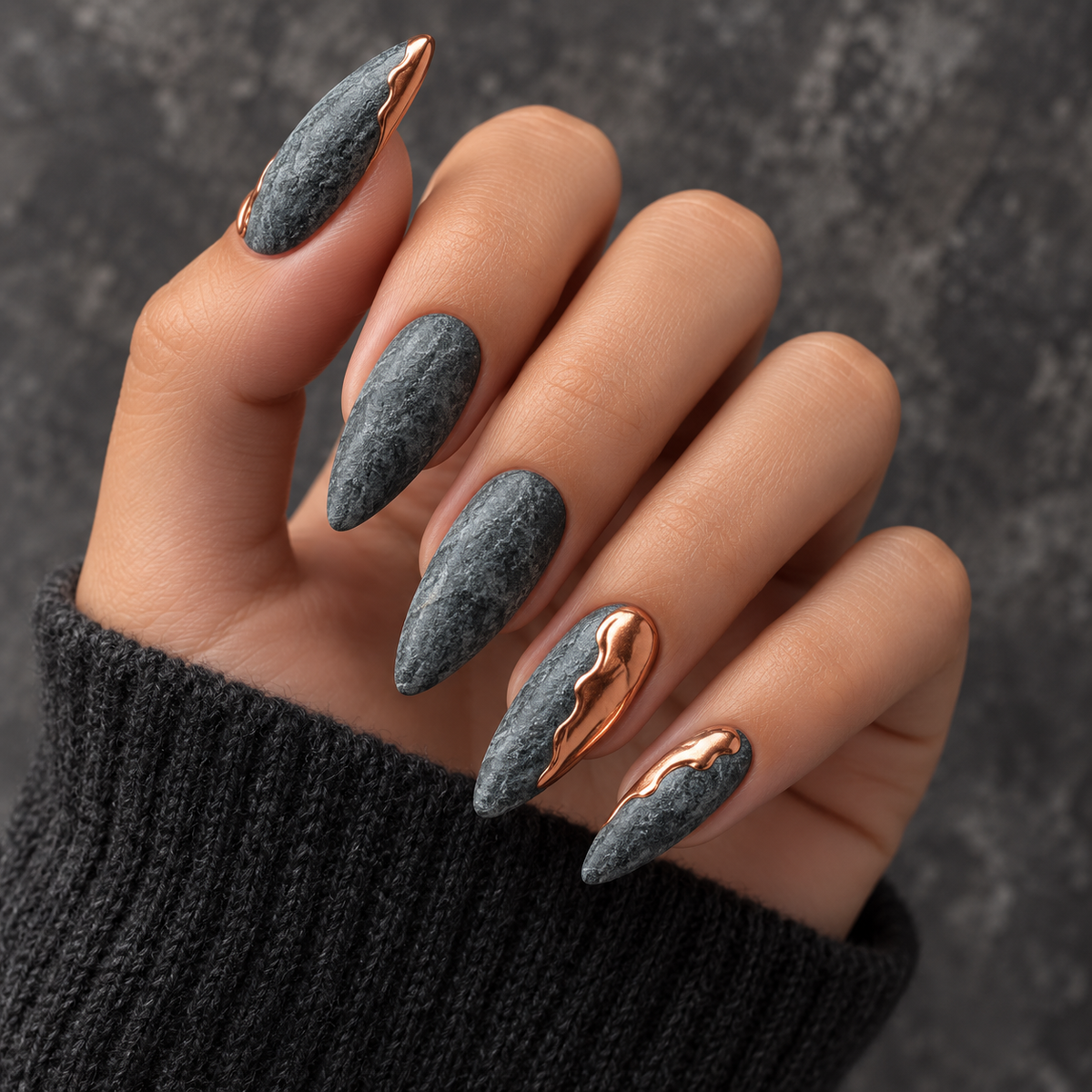 MaisonTips Reusable Press On Nails for Women, Grey Matte Almond Nails with Rose Gold Swirl, Glossy Glue On Nails