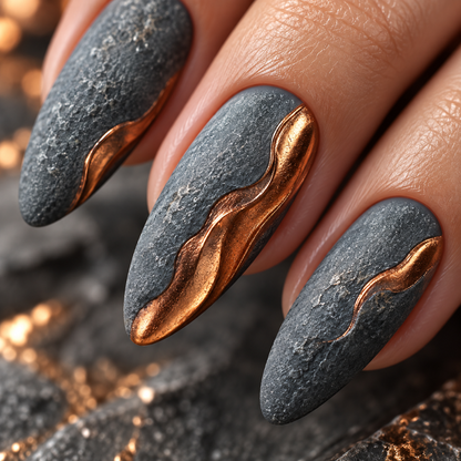 MaisonTips Reusable Press On Nails for Women, Grey Matte Almond Nails with Rose Gold Swirl, Glossy Glue On Nails