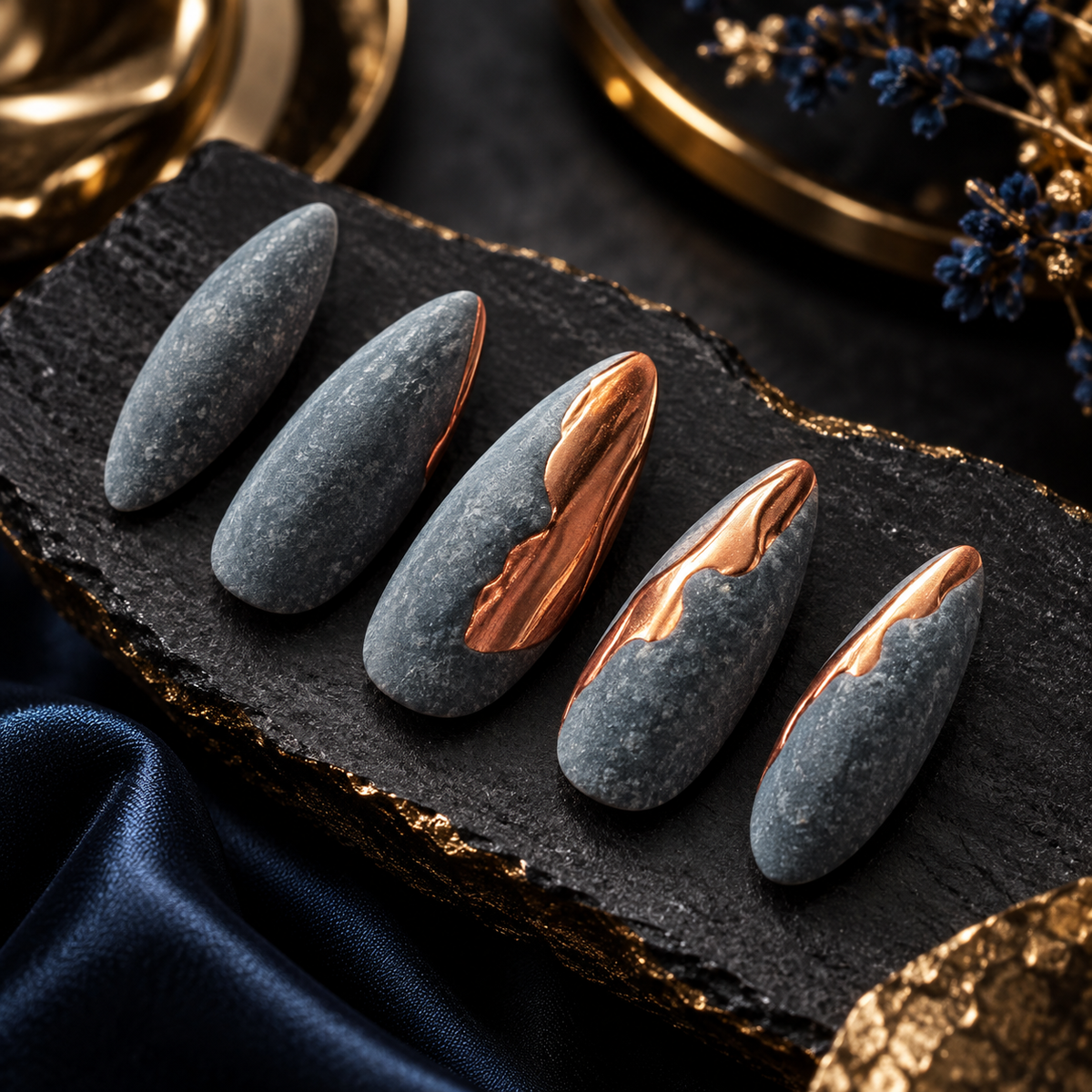 MaisonTips Reusable Press On Nails for Women, Grey Matte Almond Nails with Rose Gold Swirl, Glossy Glue On Nails