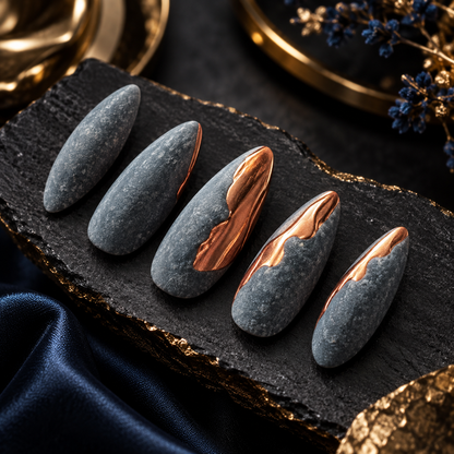 MaisonTips Reusable Press On Nails for Women, Grey Matte Almond Nails with Rose Gold Swirl, Glossy Glue On Nails