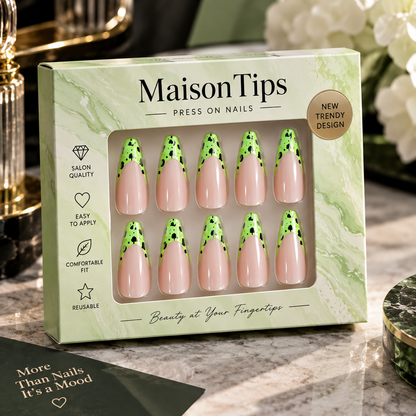 MaisonTips Neon Green French Tip Press On Nails for Women, Nude Pink Coffin Fake Nails with Black Spotted Design, Glossy Long Square Artificial Nails for Party, Vacation & Everyday Style