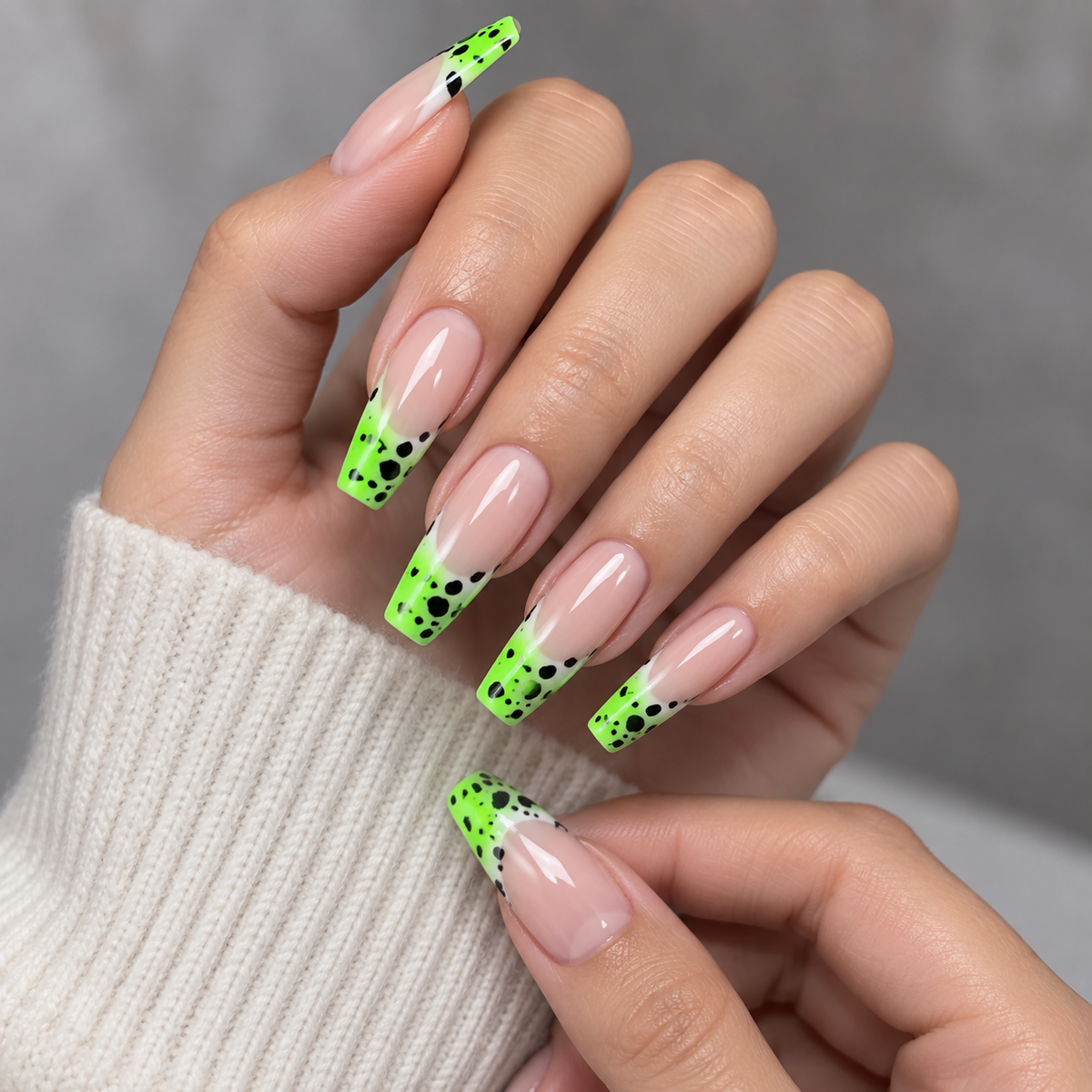 MaisonTips Neon Green French Tip Press On Nails for Women, Nude Pink Coffin Fake Nails with Black Spotted Design, Glossy Long Square Artificial Nails for Party, Vacation & Everyday Style